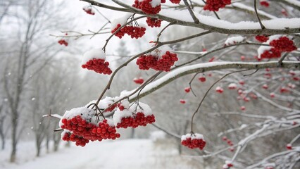 Snowy Winter Branches with Red Berries in Forest. Bright red berries covered in snow on tree branches during winter, creating a vivid contrast in a quiet snowy forest