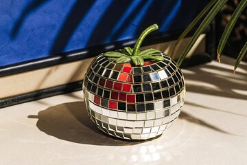 Shiny mirror mosaic apple in sunlight. Decorative apple-shaped sculpture covered in mirror tiles reflects sunlight indoors, creating a playful and modern visual effect