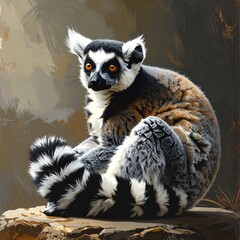 A captivating lemur, detailed in a painted style, sits attentively on a rock, its striking black and white fur contrasted with a backdrop of muted earth tones.