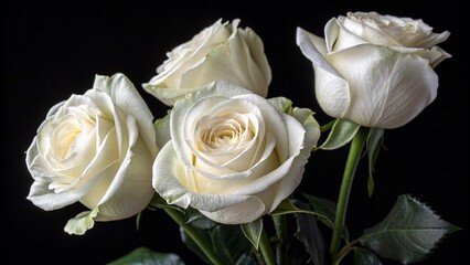 Elegant White Roses Bouquet on Black Background. Close-up of four white roses in bloom against a black background, symbolizing purity, elegance, and timeless beauty