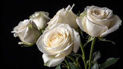 Elegant white roses on black background. Close-up of fresh white roses with delicate petals, beautifully lit against a dark black background, evoking purity and elegance
