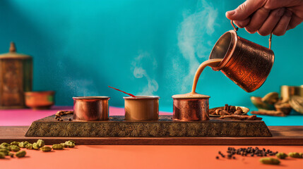 Vibrant Indian tea ceremony with masala chai in copper cups, spices, and frothy milk. Warm colors create a cozy, cultural look