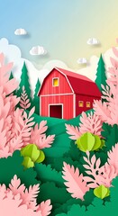 A vibrant, colourful, paper-cut scene depicts a picturesque red barn nestled within a landscape of lush greenery and delicate pink foliage, creating a serene and idyllic mood.