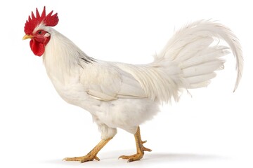 Side view of a white rooster standing proudly on a white background, ideal for farming, poultry, or animal-related content