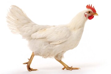 Fototapeta premium White Hen Walking on White Background. Side view of a white domestic hen walking, isolated on white background, ideal for farming, poultry, or food concepts