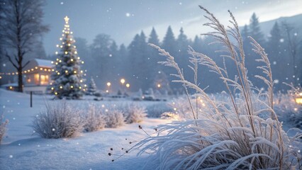 Cozy cabin with Christmas tree in snowy landscape. Frosty winter scene featuring a decorated Christmas tree near a glowing cabin, surrounded by snow-covered grass and forest