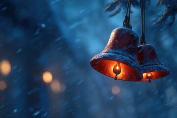 Frozen bells hang in snow against soft winter backdrop