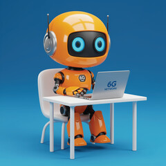 Fototapeta premium An orange robot sits at a white table and uses a laptop, displaying the 6G network logo. EPS Vector