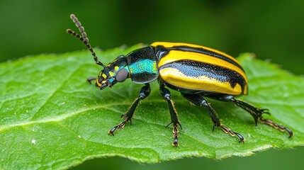 Naklejka premium A vibrant, colorful beetle with yellow and black stripes rests on a green leaf, showcasing its intricate patterns and details.