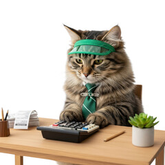 Cat accountant working on calculator with visor and tie isolated PNG with Transparent Background