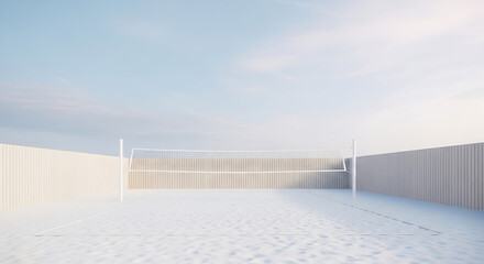 Obraz premium A minimalist view of a white volleyball net and court, with light blue sky above.