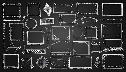 A collection of various hand-drawn frames, borders, and arrows, illustrated in white chalk on a dark chalkboard background.