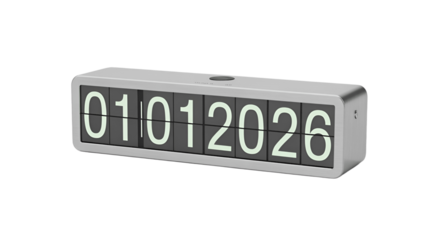 A modern digital clock displaying the date 01/01/2026.