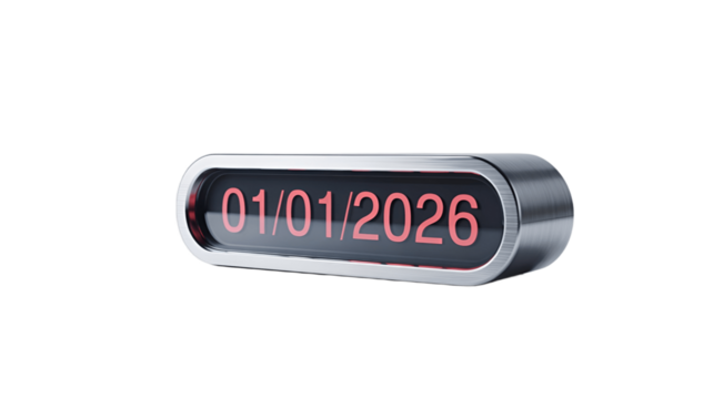 A sleek digital display showing the date 01/01/2026.