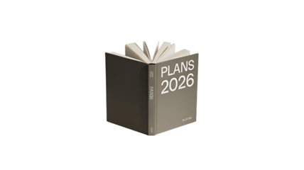 A Plans 2026 planner opens with blank pages, symbolizing a fresh start, plans, and new beginnings.
