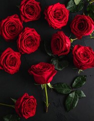 Fototapeta premium Red roses arranged on dark surface