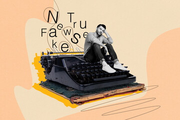Composite 3d image art pop trend collage of puzzled man sit retro typewriter machine vintage tool...