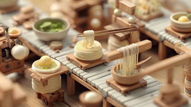 Miniature ramen factory featuring wooden noodle extruders, broth pourers, and tiny ingredients moving on conveyor belts.