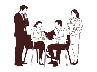Hand drawn style vector illustration of business people in meeting, discussing company strategy, symbolizing teamwork, collaboration, corporate planning, leadership, communication, and professional wo