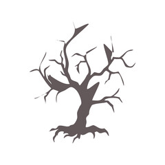 Hauntingly stark illustration of a weathered, ancient tree with jagged, bare branches, casting an eerie silhouette that evokes themes of desolation, winter, and mystery