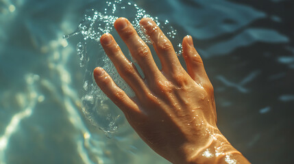 Close up of human hand with water splashing wet skin natural lighting outdoor setting water droplets fingers extended skin texture visible fresh and clean appearance relaxed mood natural
