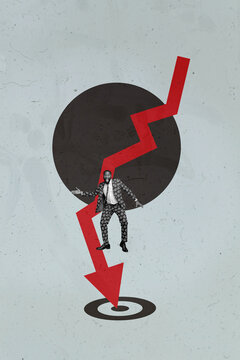 Collage with person observing rising arrow symbolizing startup growth business income statistics trading decrease increase