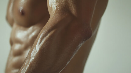 Fototapeta premium Close up of muscular male arm with visible skin texture and shine, emphasizing strength and fitness, with neutral background