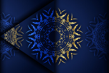 Mystical blue mandala background with golden geometric star pattern and circular symmetry