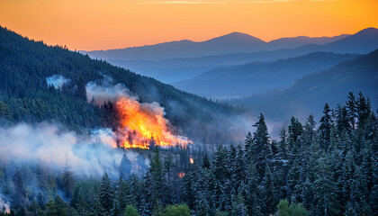 Wildfire Spreads Rapidly Through Forested Mountains During Twilight Hours