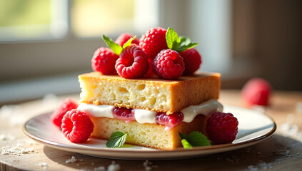 Slice of Raspberry Layer Cake with Fresh Berries