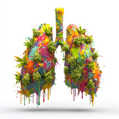 Rainbow dripping lungs with marijuana weed buds and neon paint, isolated on a white background 