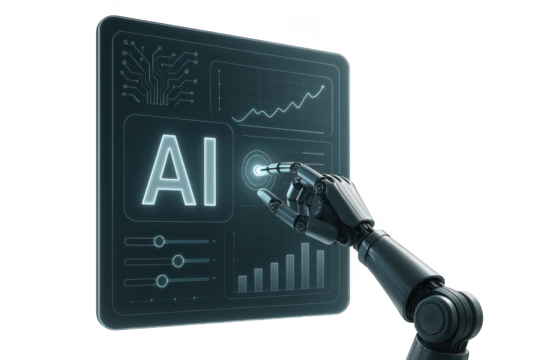 Robotic hand interacting with digital display isolated illustration on transparent background