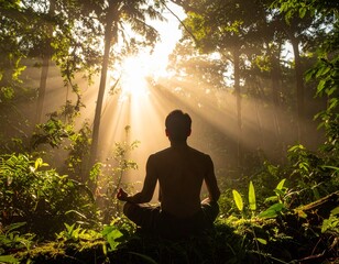 Single person silhouette in white clothes, meditating in Bali jungle rainforest and waterfall in sunshine.