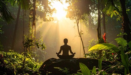 Single person silhouette in white clothes, meditating in Bali jungle rainforest and waterfall in sunshine.
