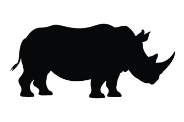 Black silhouette of a rhinoceros standing on a white background