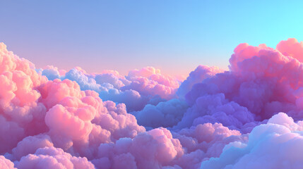 Dramatic pastel sky with fluffy pink and purple clouds at sunset, vibrant dreamy atmosphere with soft light, colorful cumulus cloudscape creating a surreal abstract background for design