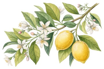 Bright Lemon Branch With Flowers and Leaves in Natural Colors