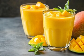 Fototapeta premium Fresh Mango Smoothie with Mint Leaves 