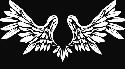 A symmetrical illustration of white feathered wings, displayed against a dark background. The wings are open.