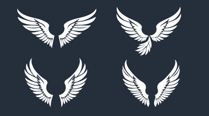 Four stylized white bird wings, set against a dark background, showcasing various wing positions and details.