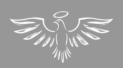 A stylized white dove with wings outstretched, halo, and outlined design on a gray background.