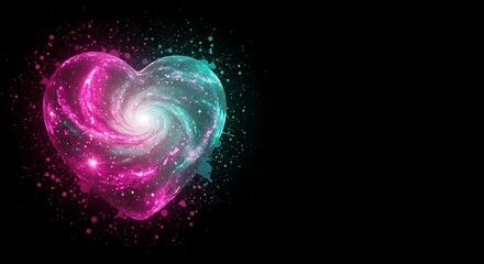 Colorful Heart Shaped Galaxy Swirl with Pink and Blue Nebula on Black Background