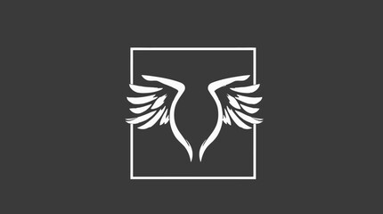 Elegant white wings emblem within a square frame, symbolic design on dark background.