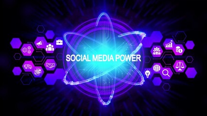 Glowing atom with social media icons and text Social Media Power network connection