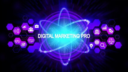 Digital Marketing Pro text with glowing atom and purple hexagons with icons image