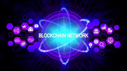 Glowing blue atom with blockchain network text and purple hexagonal network icons technology digital