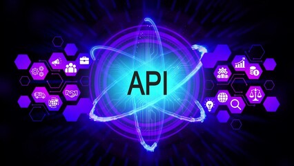 Digital A P I concept with glowing atomic structure and business icons application programming interface