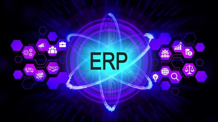 Enterprise Resource Planning E R P system technology network with business icons and glowing atom structure