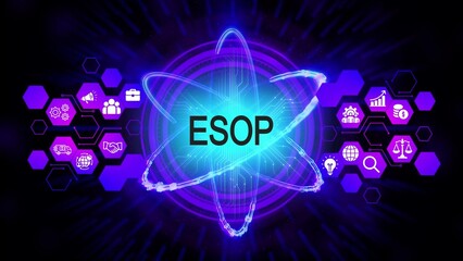 E S O P acronym with business icons and atomic structure in neon purple and blue ESOP finance