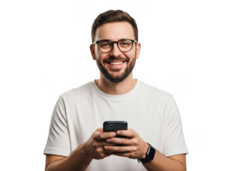 Smiling man with glasses holding a smartphone isolated on transparent background